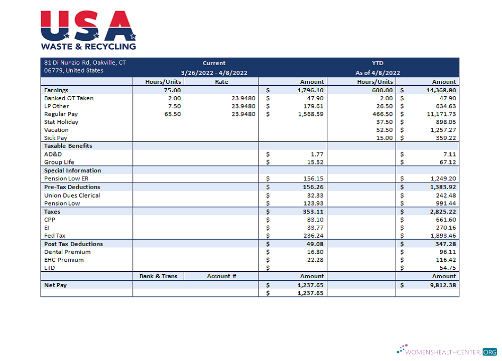 Download USA Waste & Recycling recycling company pay stub Photoshop template